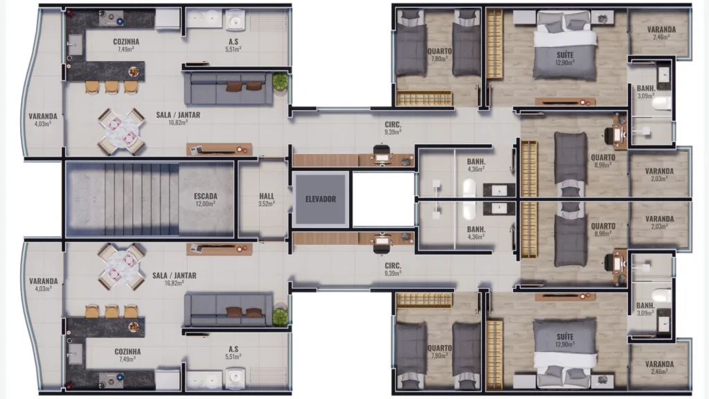 Planta humanizada dos apartamentos do Gardênia Residence — toque para ampliar